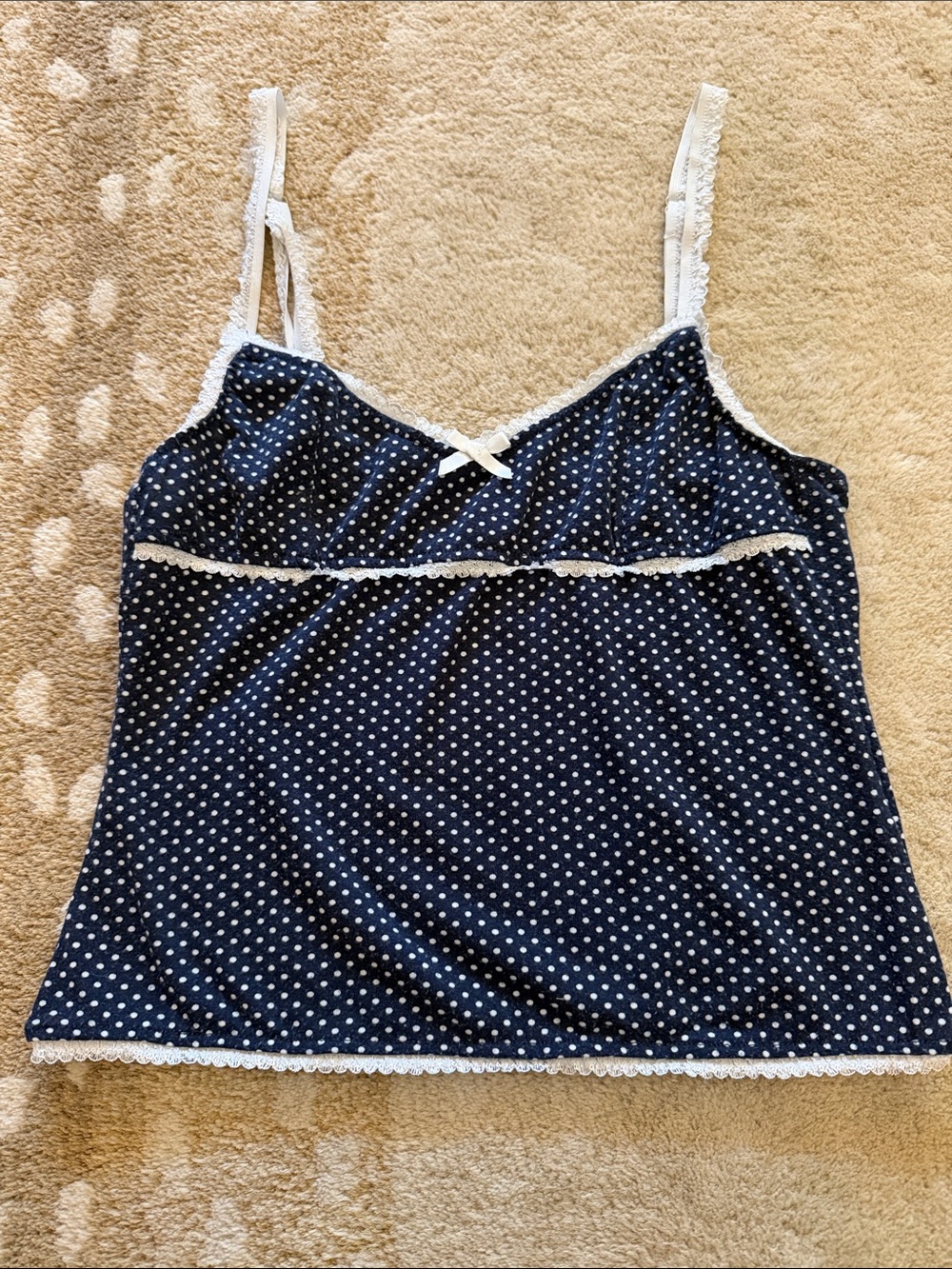 Edikted Navy and White Polka Dot Lace-Trim Cami